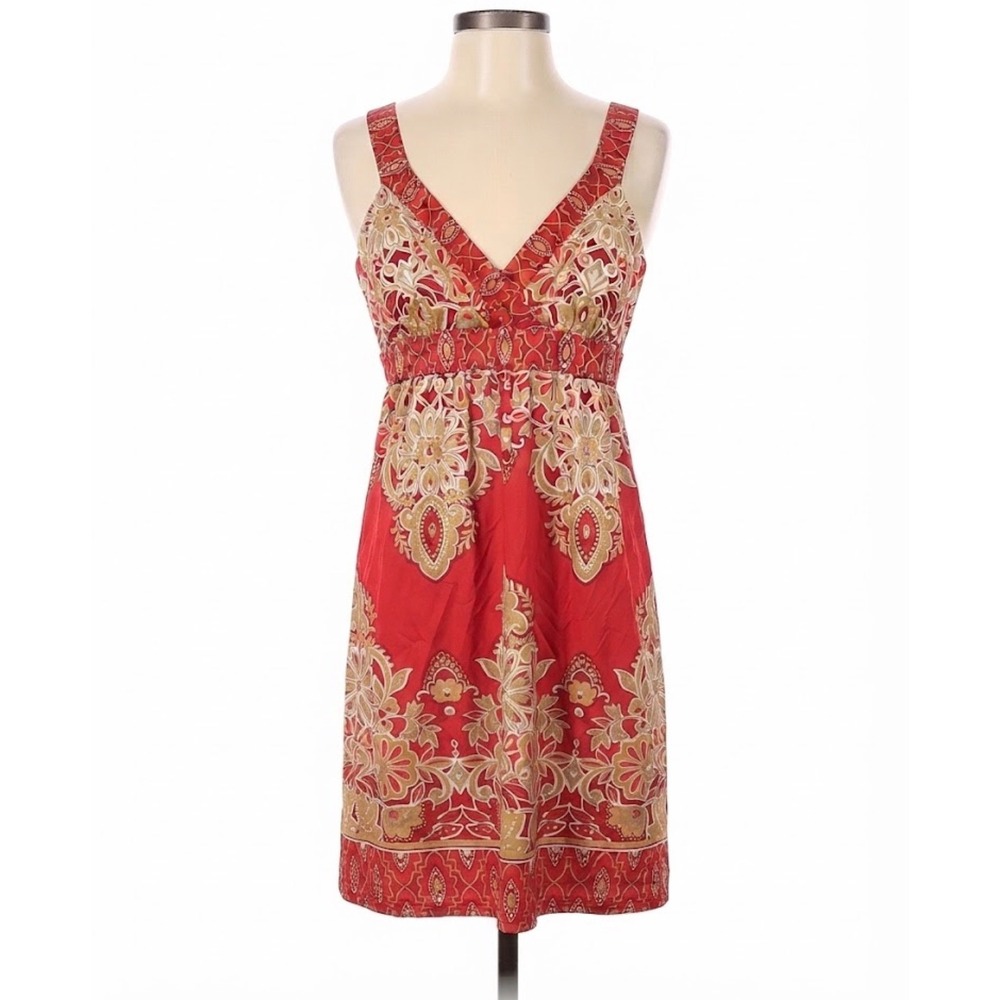 Boho Bohemian Medallion Paisley Empire Waist Rhinestone V-Neck Mini Dress S Y2K